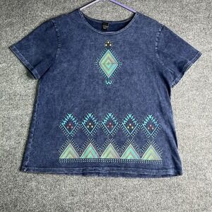 Sabaku Artwear Top M Southwestern Tribal Geometric Blue Mineral Wash Cotton Boho